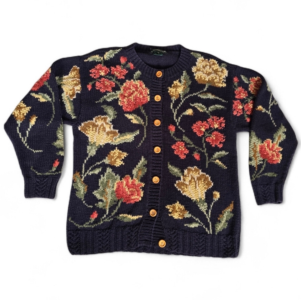 Vintage Bushwacker Ramie Cotton Knit Grannycore Cottagecore Floral Cardigan Med